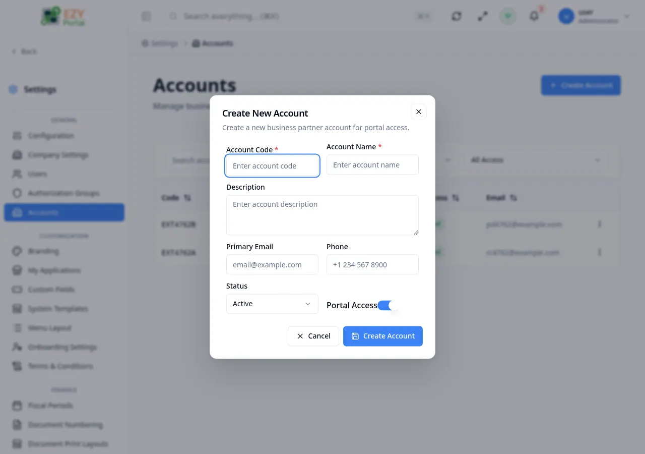 Create Account dialog with Code, Name, Description, Primary Email, Phone, Status, and Portal Access fields filled