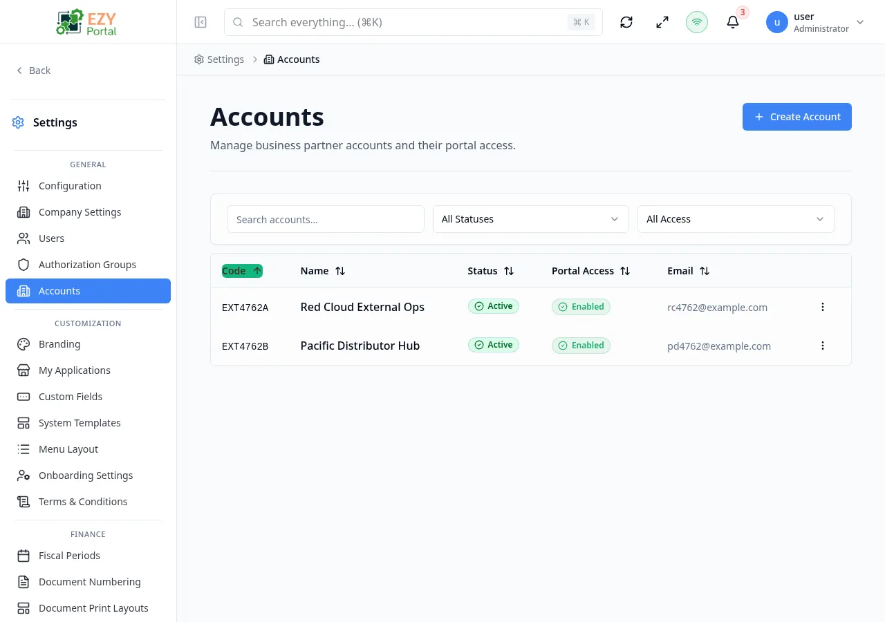 Accounts row actions menu showing View Details, View Users, Invite User, Edit, and Delete options