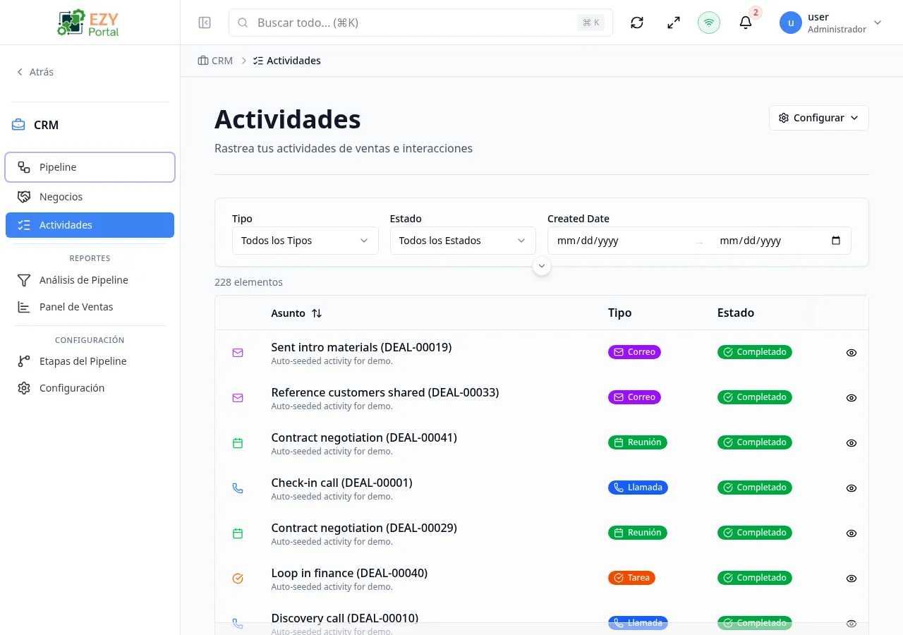 Lista de actividades con filas de datos mostrando ícono de tipo, asunto, estado, fecha de creación y duración