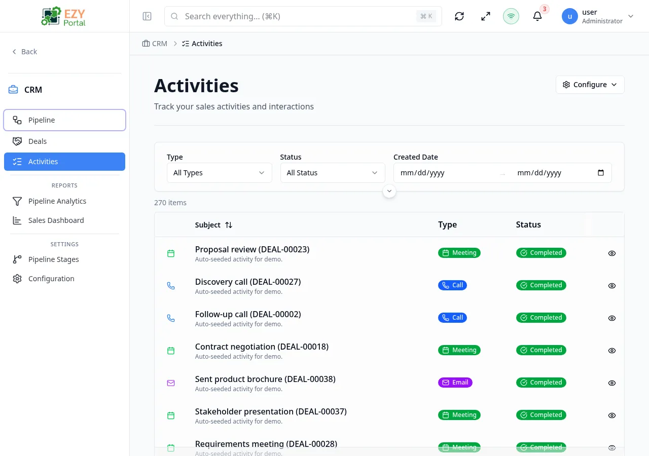 Activities list page with populated rows showing type icon, subject, status, created date, and duration