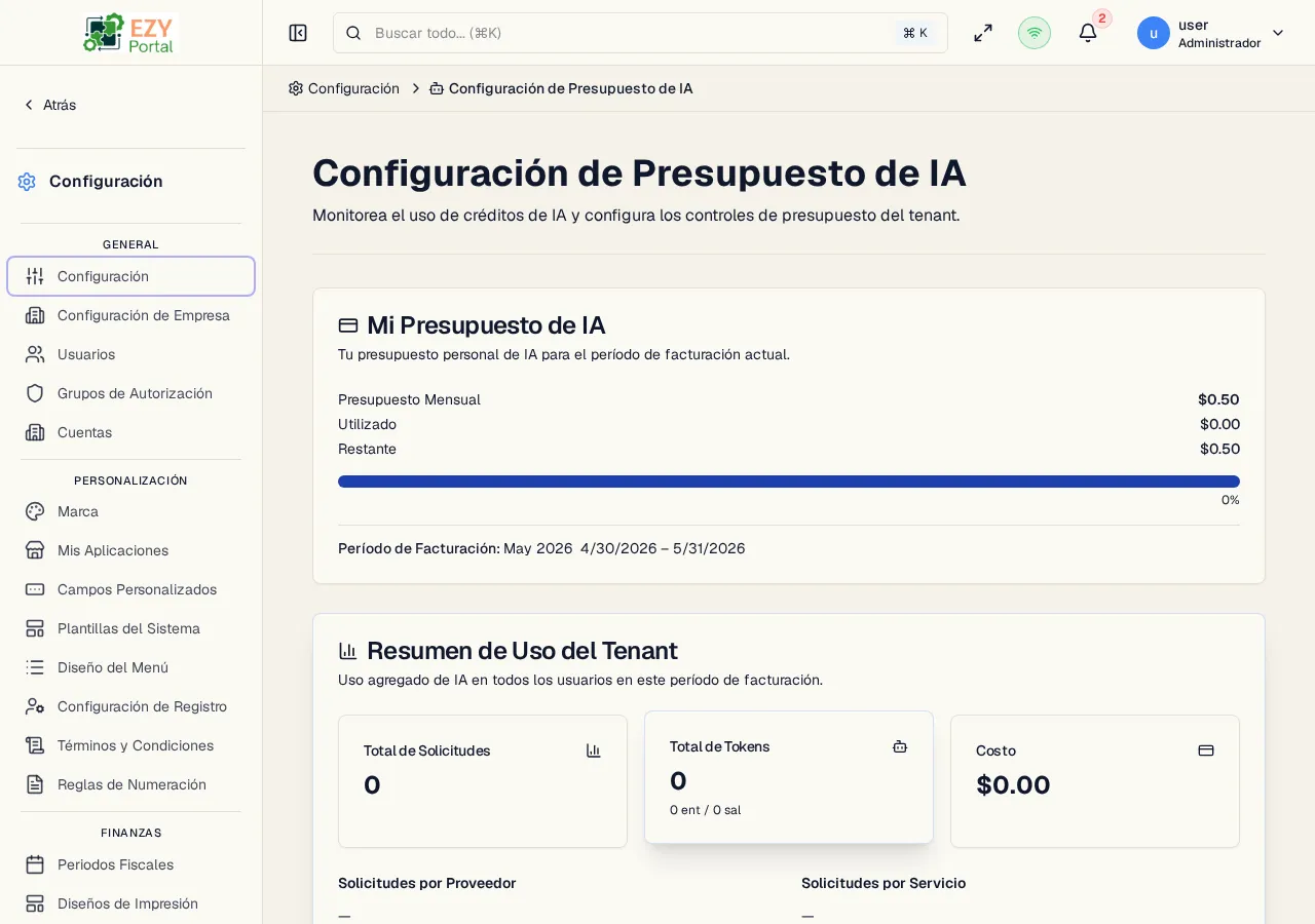 Página Configuración de Presupuesto AI con la tarjeta Mi Presupuesto AI mostrando presupuesto mensual, usado y restante, además de las tarjetas Resumen de Uso del Tenant