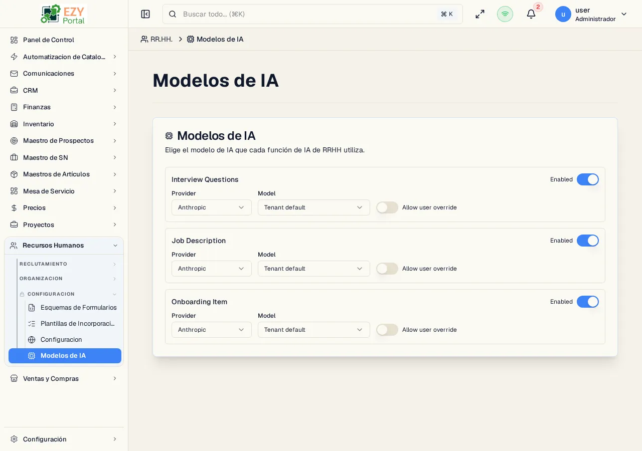 Página Configuración de Modelos de IA de RR. HH. mostrando la configuración de operaciones de IA del módulo
