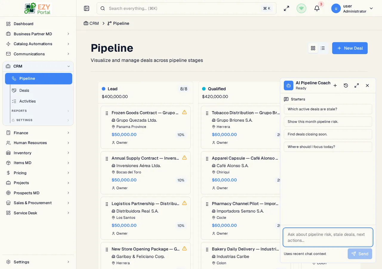 AI Pipeline Coach panel on the CRM pipeline