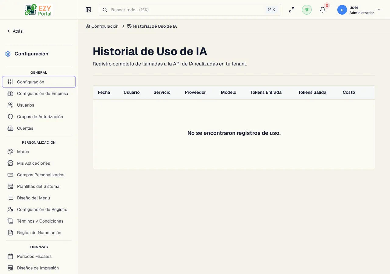Página de Historial de Uso de IA mostrando una tabla de registros de llamadas a IA con columnas de fecha, usuario, servicio, proveedor, modelo, tokens de entrada, tokens de salida, costo y monto cobrado. El tenant de demostración muestra "No se encontraron registros de uso."