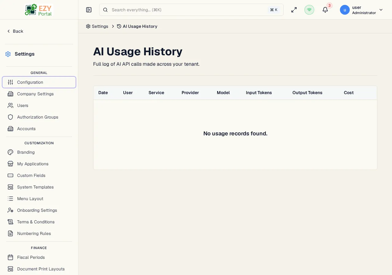 AI Usage History page showing a table of AI call records with columns for date, user, service, provider, model, input tokens, output tokens, cost, and charged amount. The demo tenant shows "No usage records found."