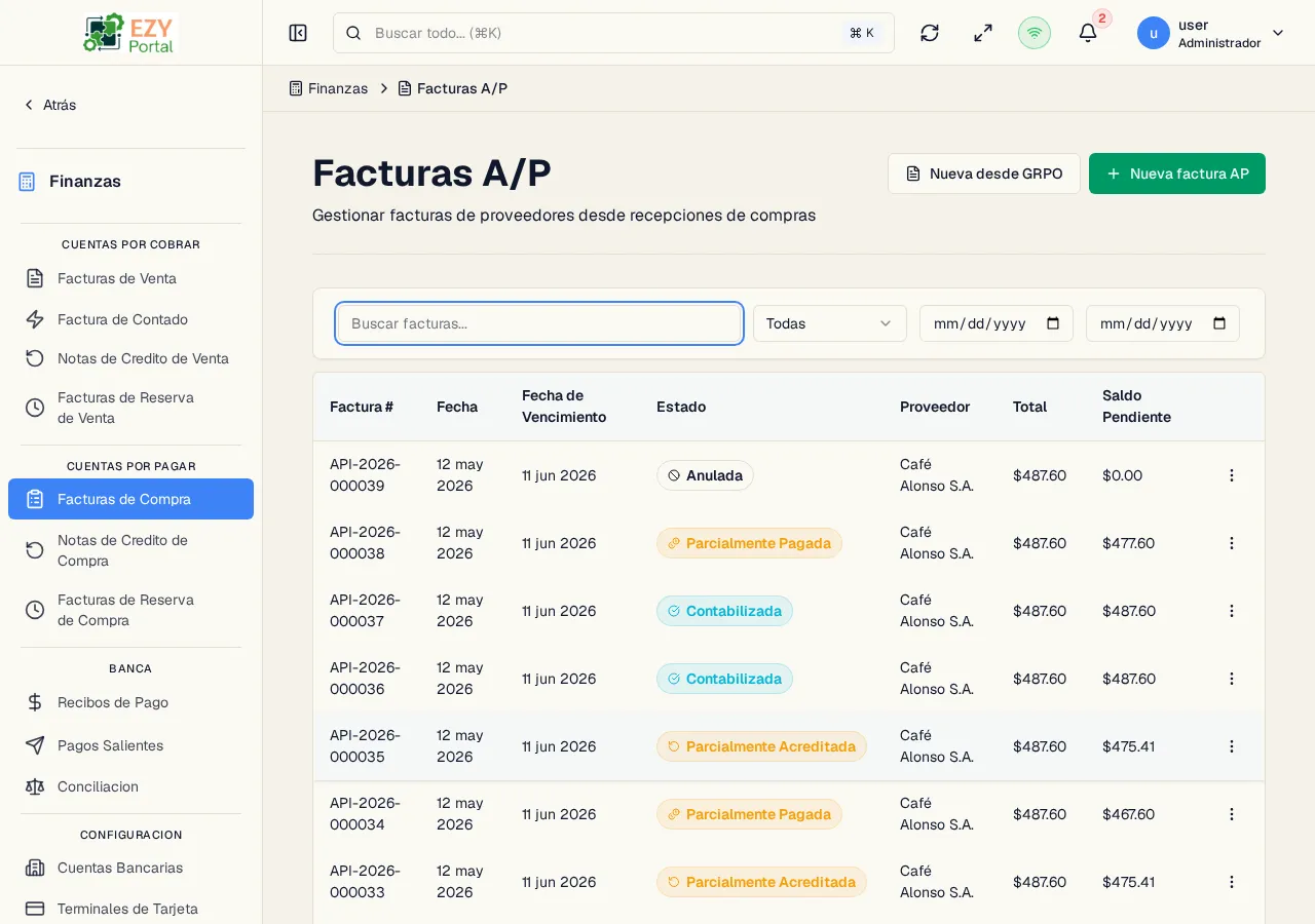Lista de Facturas de Compra C/P mostrando números de documento, fechas, estados, proveedores y saldos