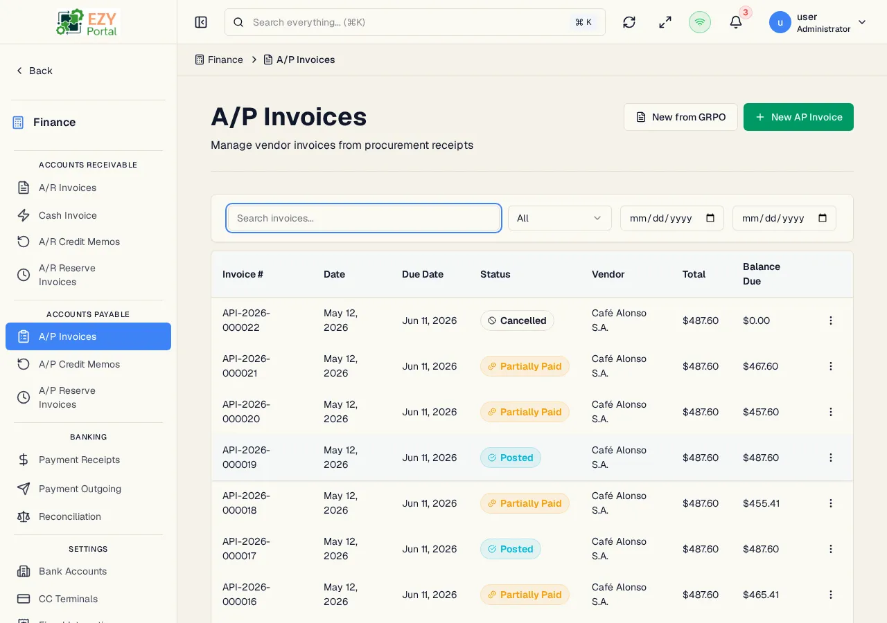A/P Invoices list showing document numbers, dates, statuses, vendors, and balances