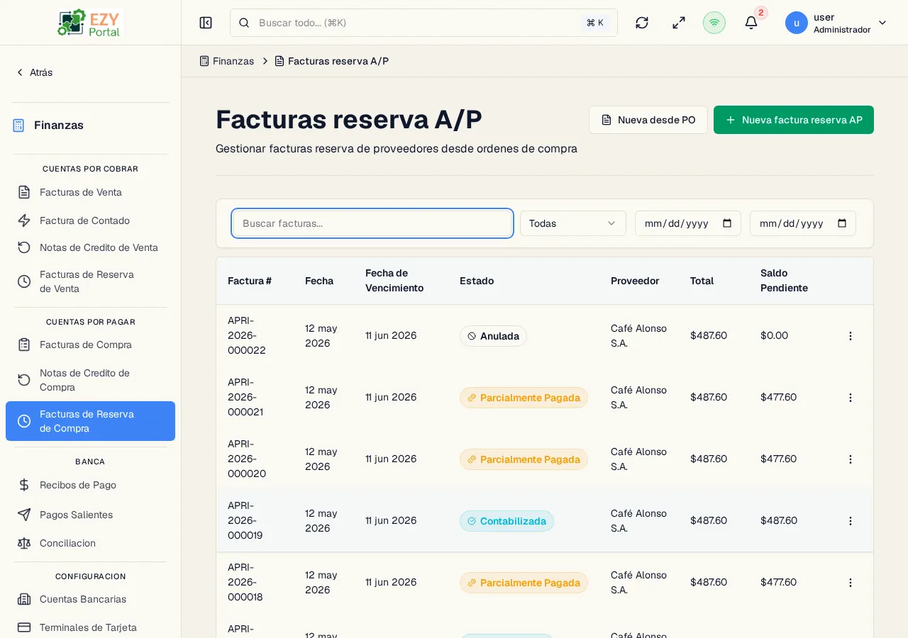 Lista de Facturas de Reserva C/P mostrando números de documento, fechas, estados, proveedores y saldos