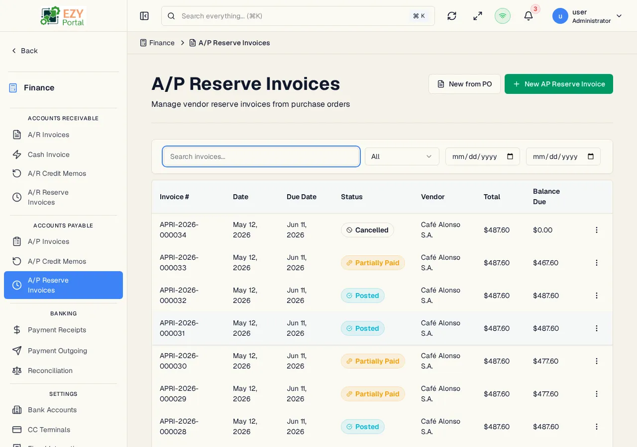 A/P Reserve Invoices list showing document numbers, dates, statuses, vendors, and balances