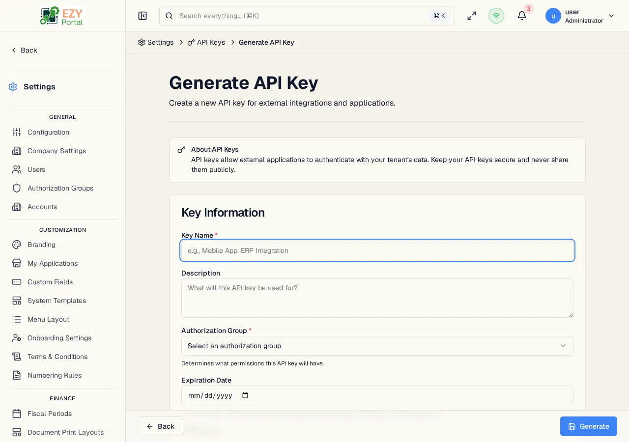 Generate API Key form with Key Information section showing Key Name, Description, Authorization Group, and Expiration Date fields