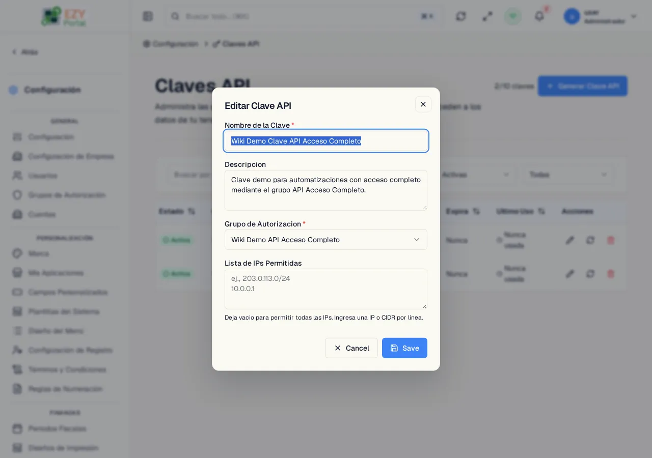 Diálogo Editar Clave API — prellenado con el nombre, descripción, grupo de autorización y lista de IPs actuales de la clave