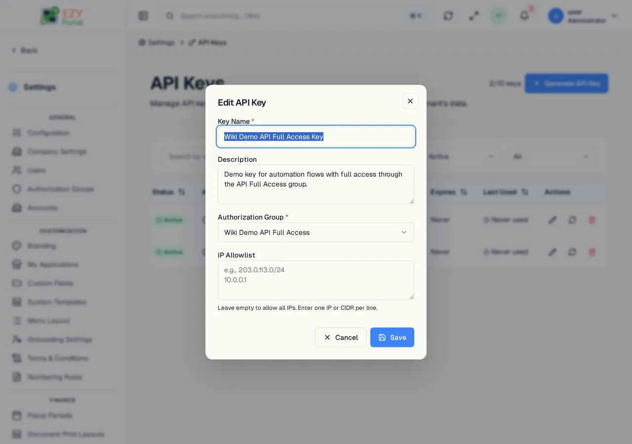 Edit API Key dialog — pre-filled with the key's current name, description, authorization group, and IP allowlist