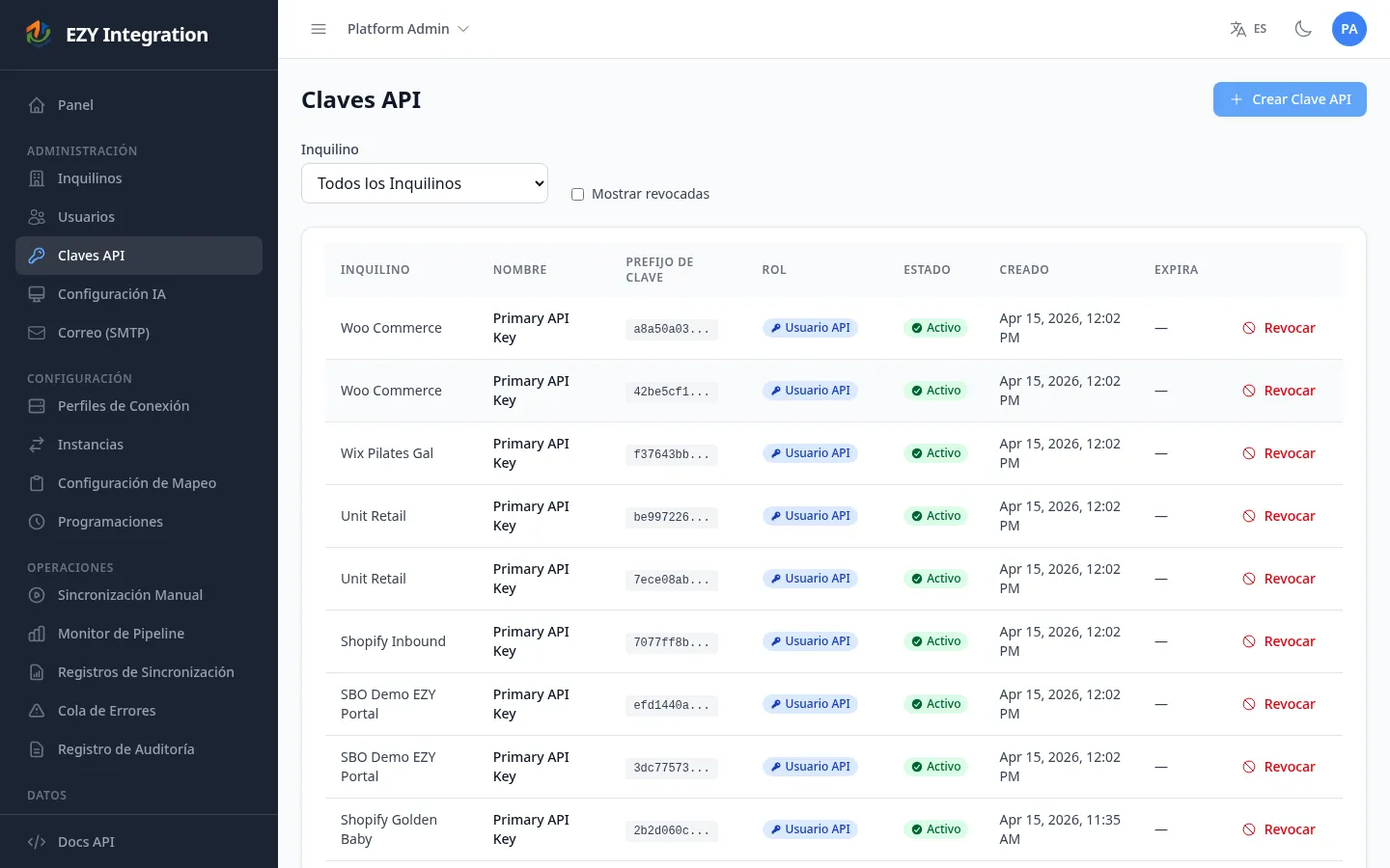 Lista de Claves de API