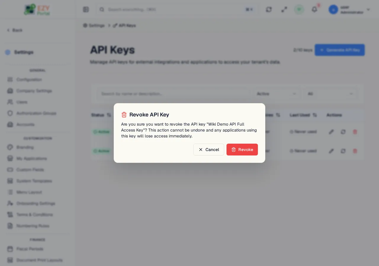 Revoke API Key confirmation dialog asking for confirmation before permanently blocking the key