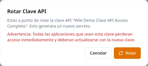 Diálogo de confirmación Rotar Clave API que advierte que todas las aplicaciones que usen la clave actual perderán el acceso inmediatamente