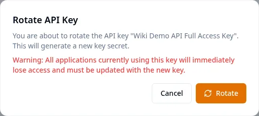Rotate API Key confirmation dialog warning that all applications using the current key will immediately lose access