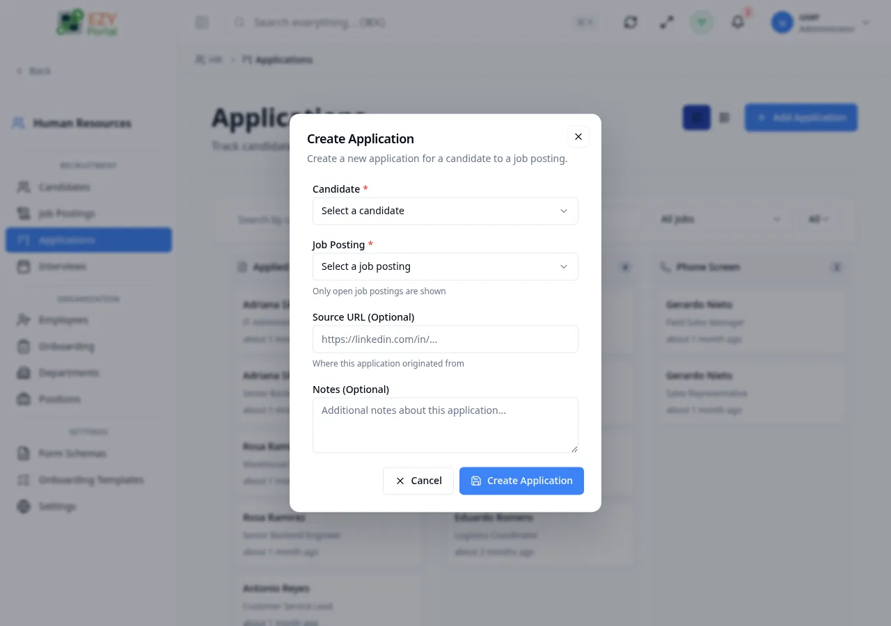 Create Application dialog showing Candidate, Job Posting, Source URL, and Notes fields