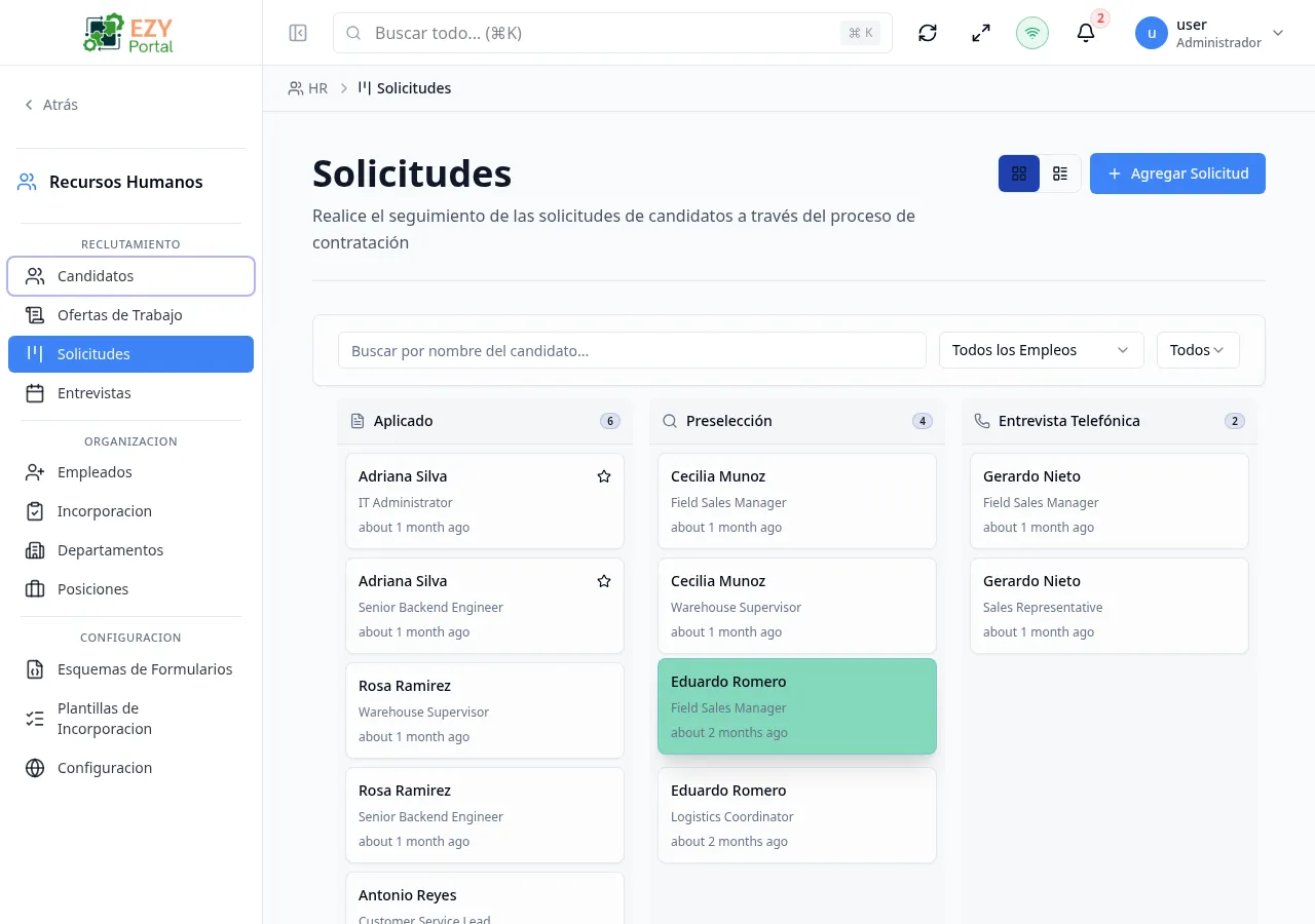 Lista de Solicitudes mostrando columnas Candidato, Cargo, Etapa, Puntuación y Aplicado con distintivos de etapa del proceso