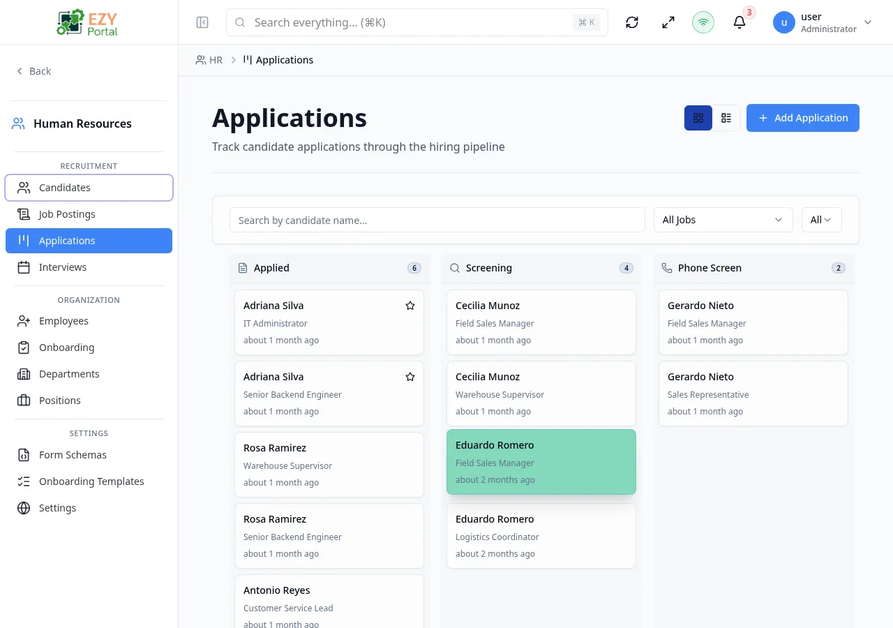 Applications list showing Candidate, Position, Stage, Score, and Applied columns with pipeline stage badges
