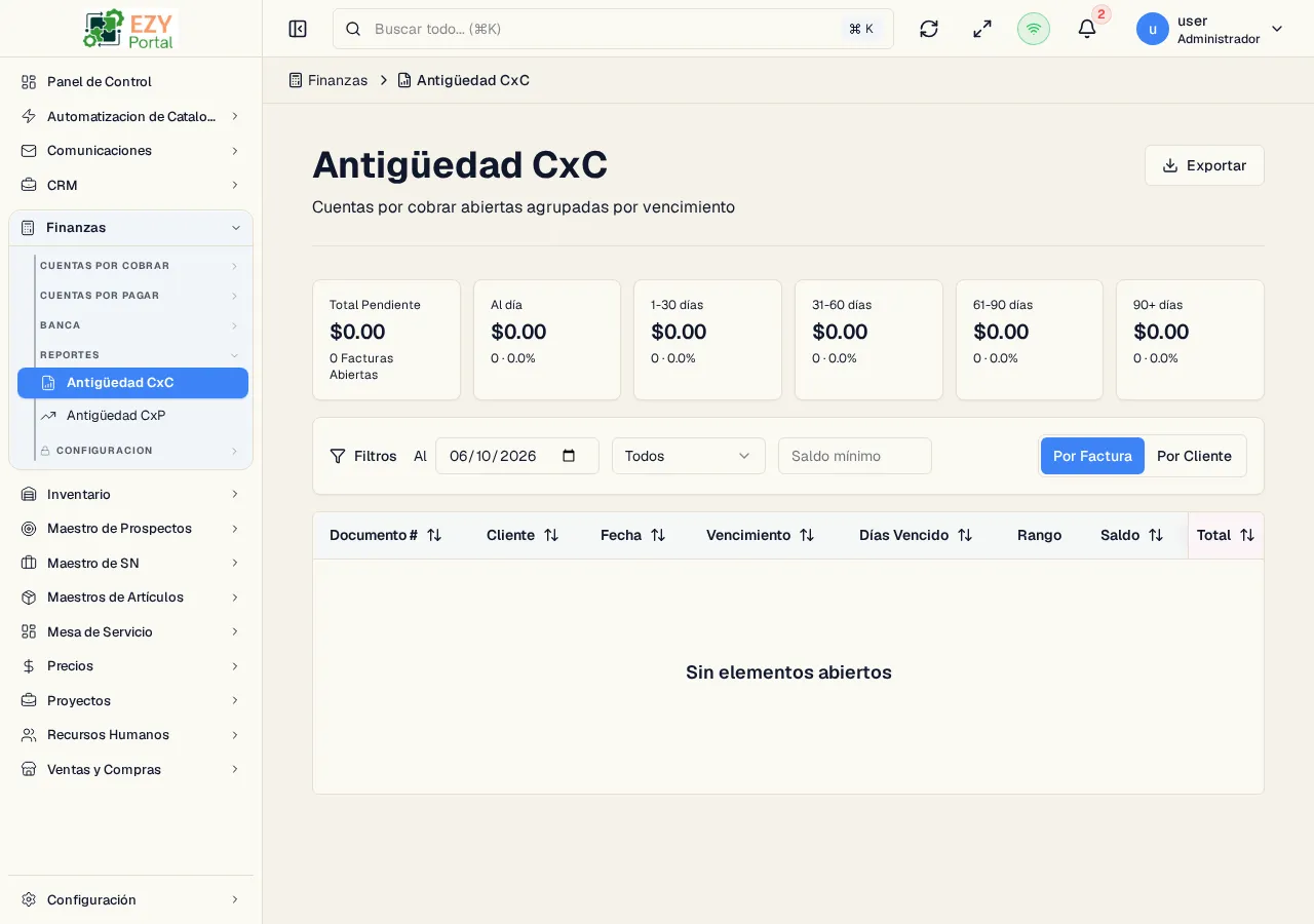 Reporte de Antigüedad de Cuentas por Cobrar mostrando tarjetas de resumen, filtros, selector de vista y columnas de antigüedad de facturas