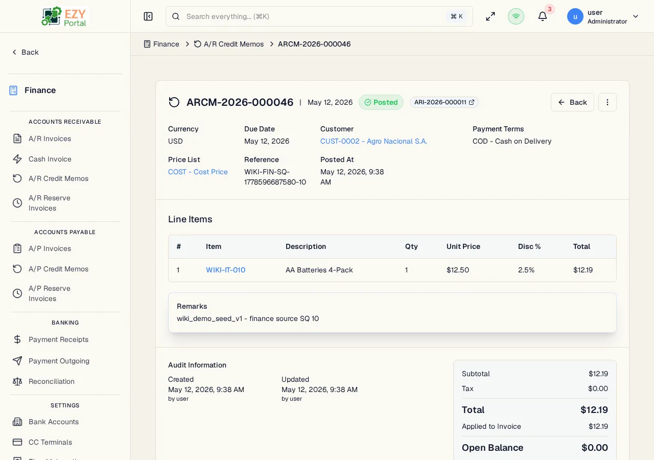 A/R Credit Memo detail page showing document header, posted status badge, line items table, and action buttons