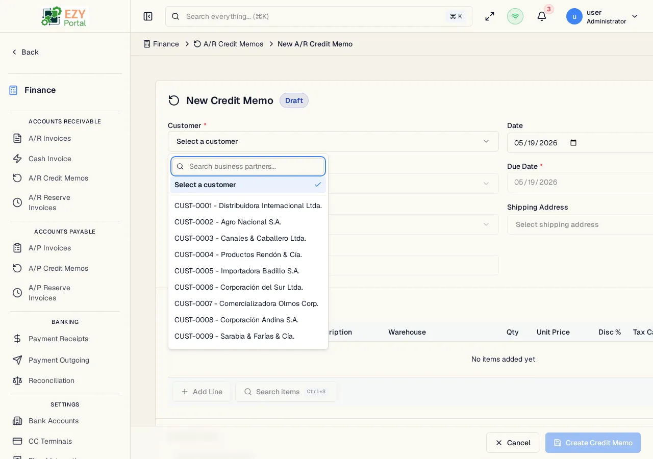 A/R Credit Memo create form showing header fields, line items table, and source invoice indicator