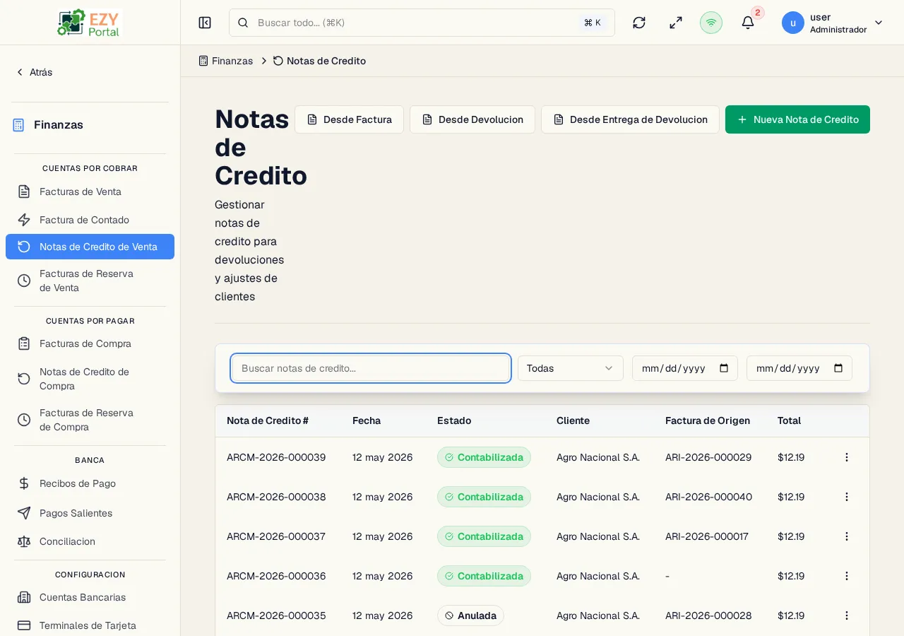 Lista de Notas de Crédito C/C con números de documento, fechas, estados, clientes, facturas de origen y totales