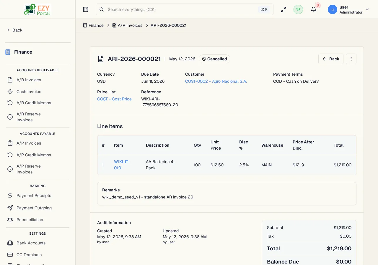 A/R Invoice detail page showing a posted invoice with document number, customer, totals, line items, and action buttons