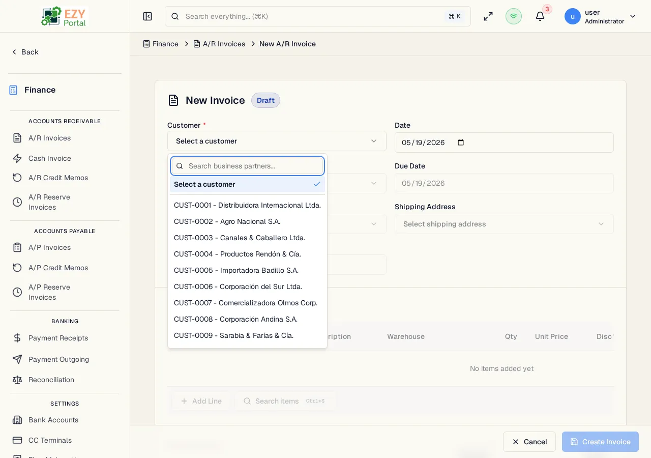 A/R Invoice create form showing customer, document date, due date, currency, and line items table