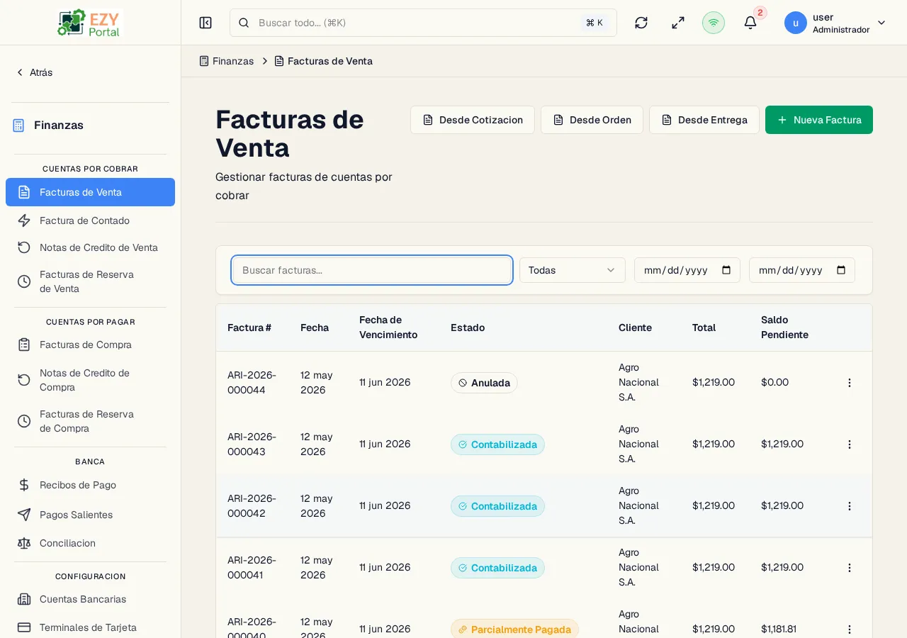 Lista de Facturas de Venta con números de documento, fechas, estados, clientes y montos