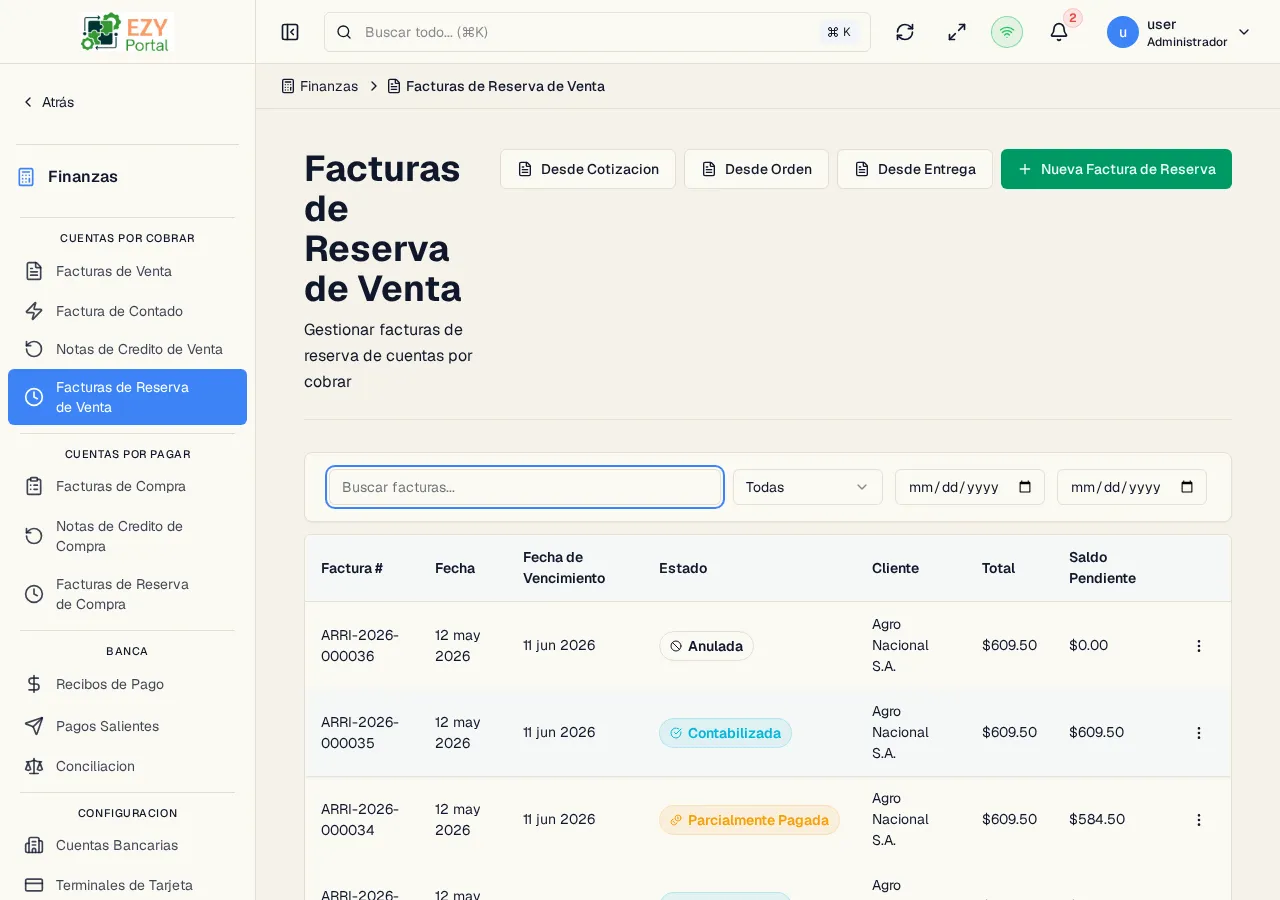 Lista de Facturas de Reserva C/C mostrando número de documento, fecha, estado, cliente y saldos