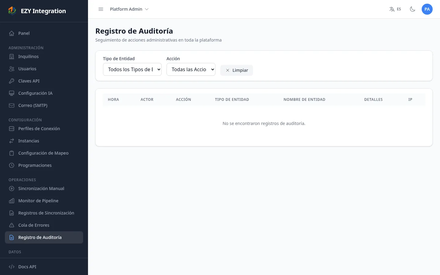 Lista del Registro de Auditoría con entradas pobladas