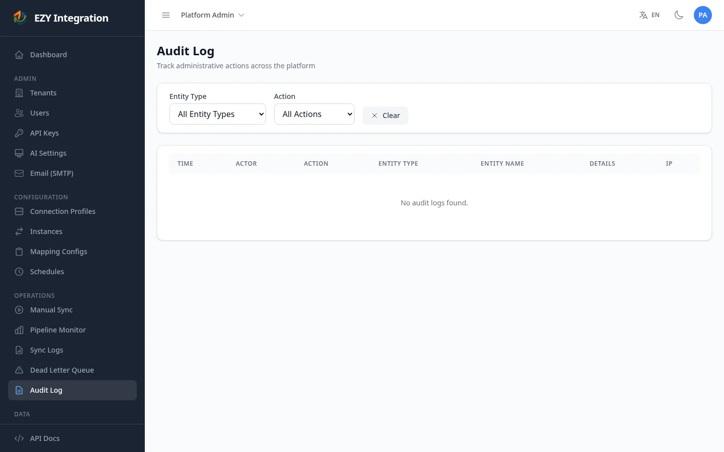 Audit Log list with populated entries