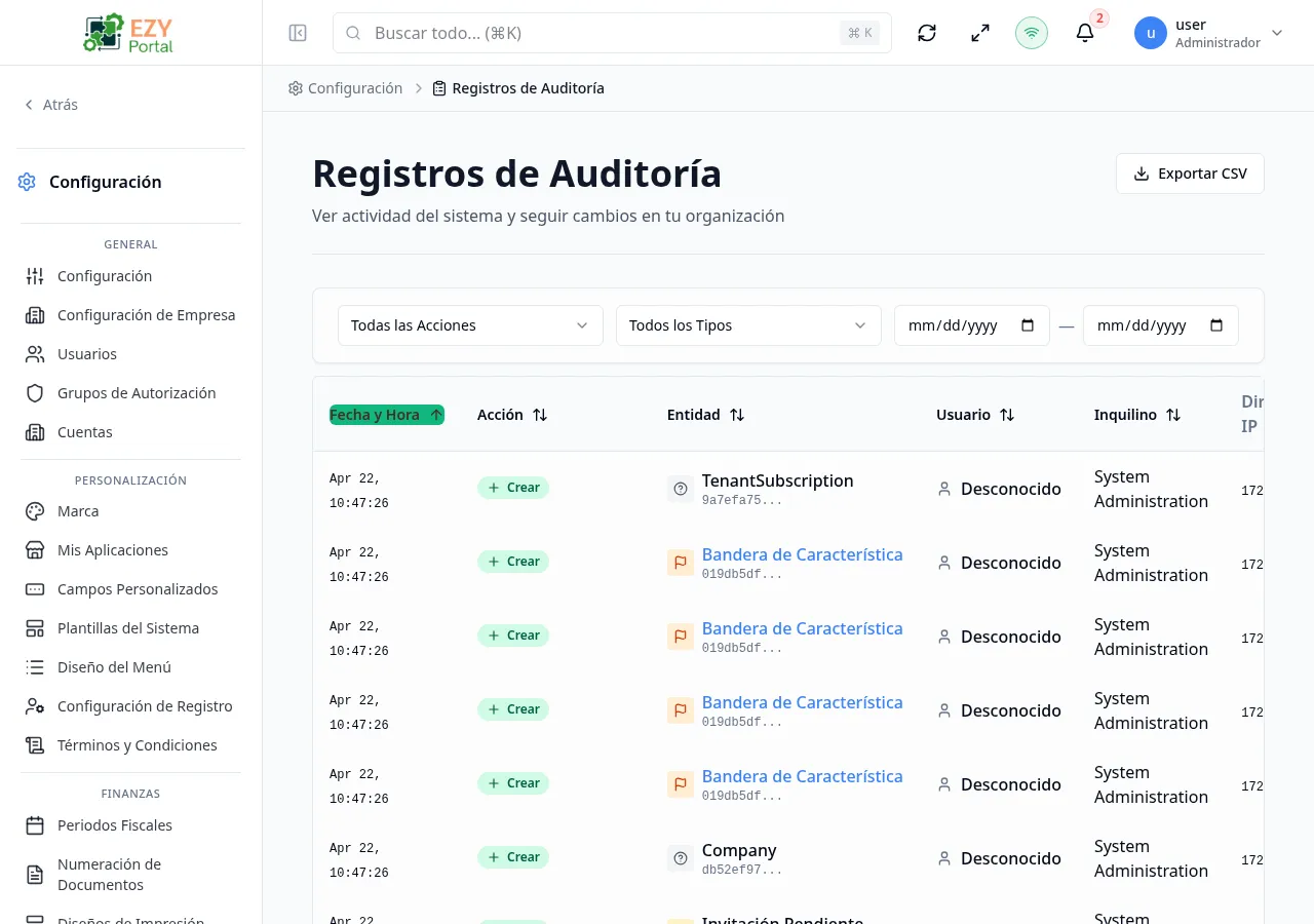 Acciones de fila de Registros de Auditoría mostrando el botón de ícono Ver en cada fila