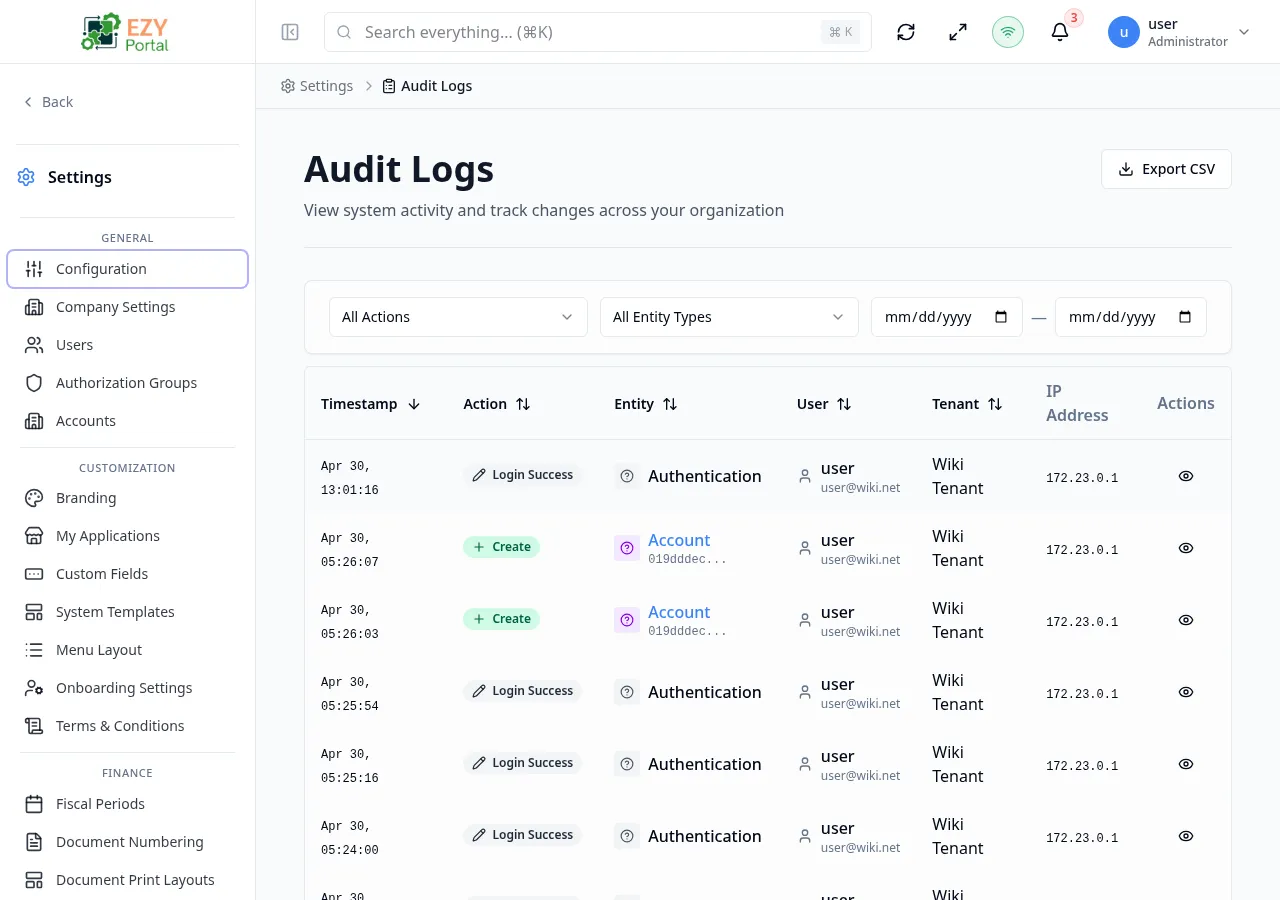 Audit Logs list page with populated rows showing timestamp, action badge, entity, user, and IP address columns