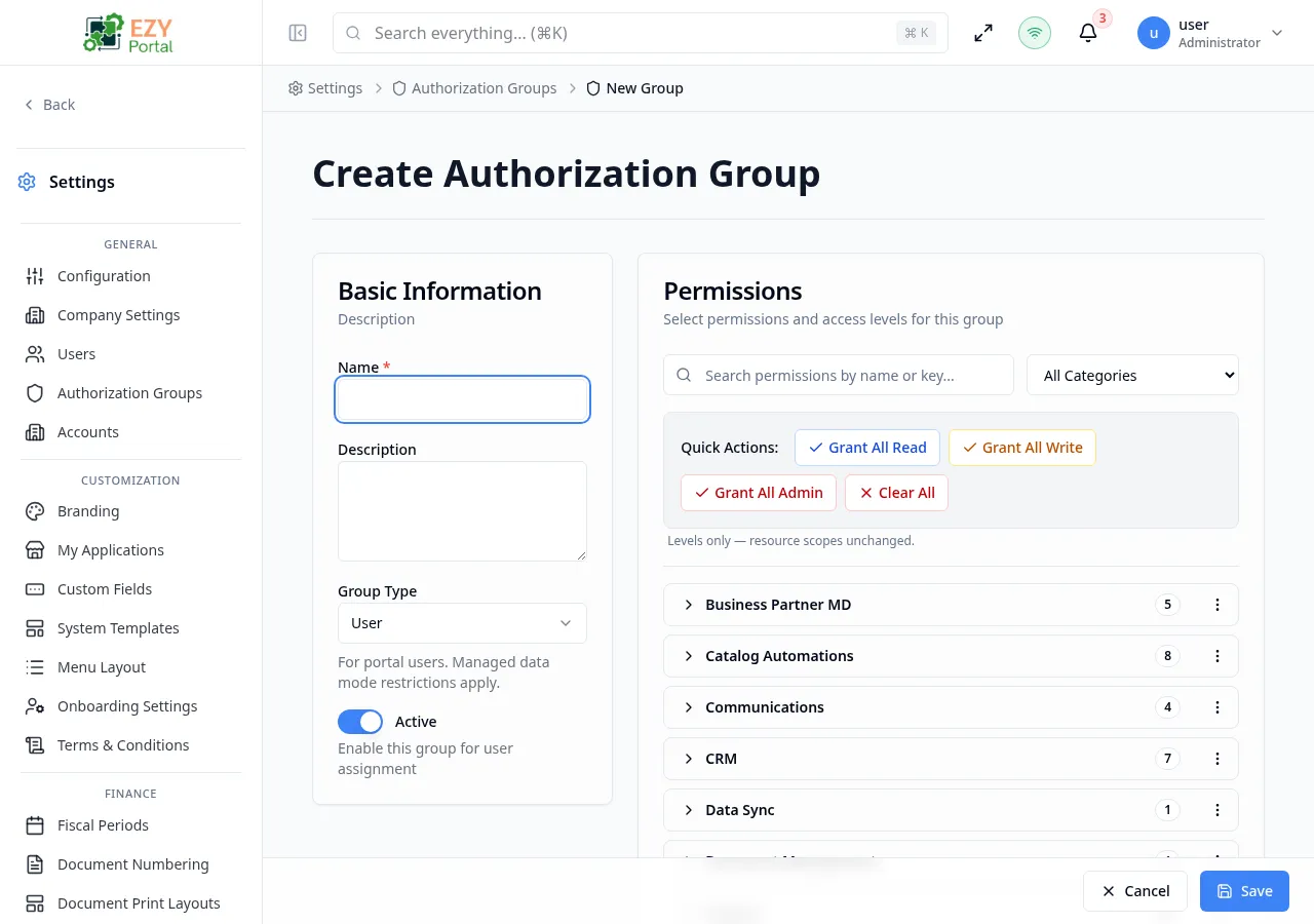 Create Authorization Group dialog with Name, Description, Group Type, and Active fields