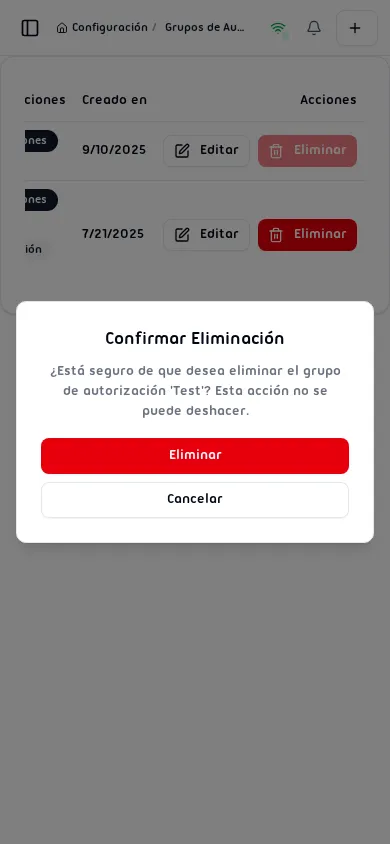 Diálogo de confirmación de eliminación solicitando confirmar la eliminación del grupo seleccionado