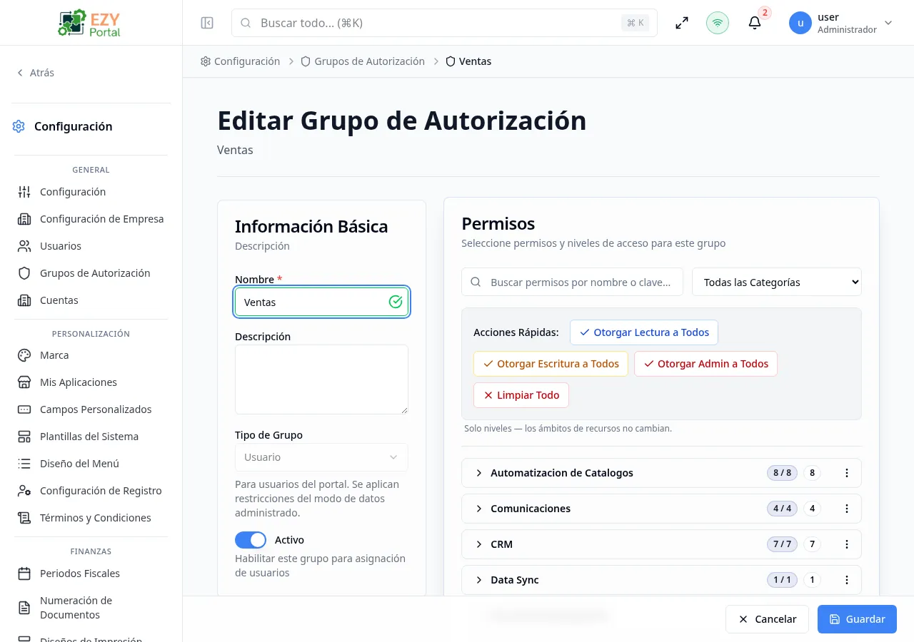 Diálogo Editar Grupo de Autorización pre-completado con el nombre y descripción existentes