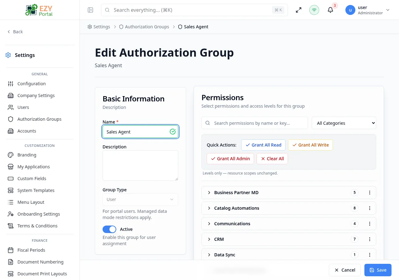 Edit Authorization Group dialog pre-filled with existing name and description
