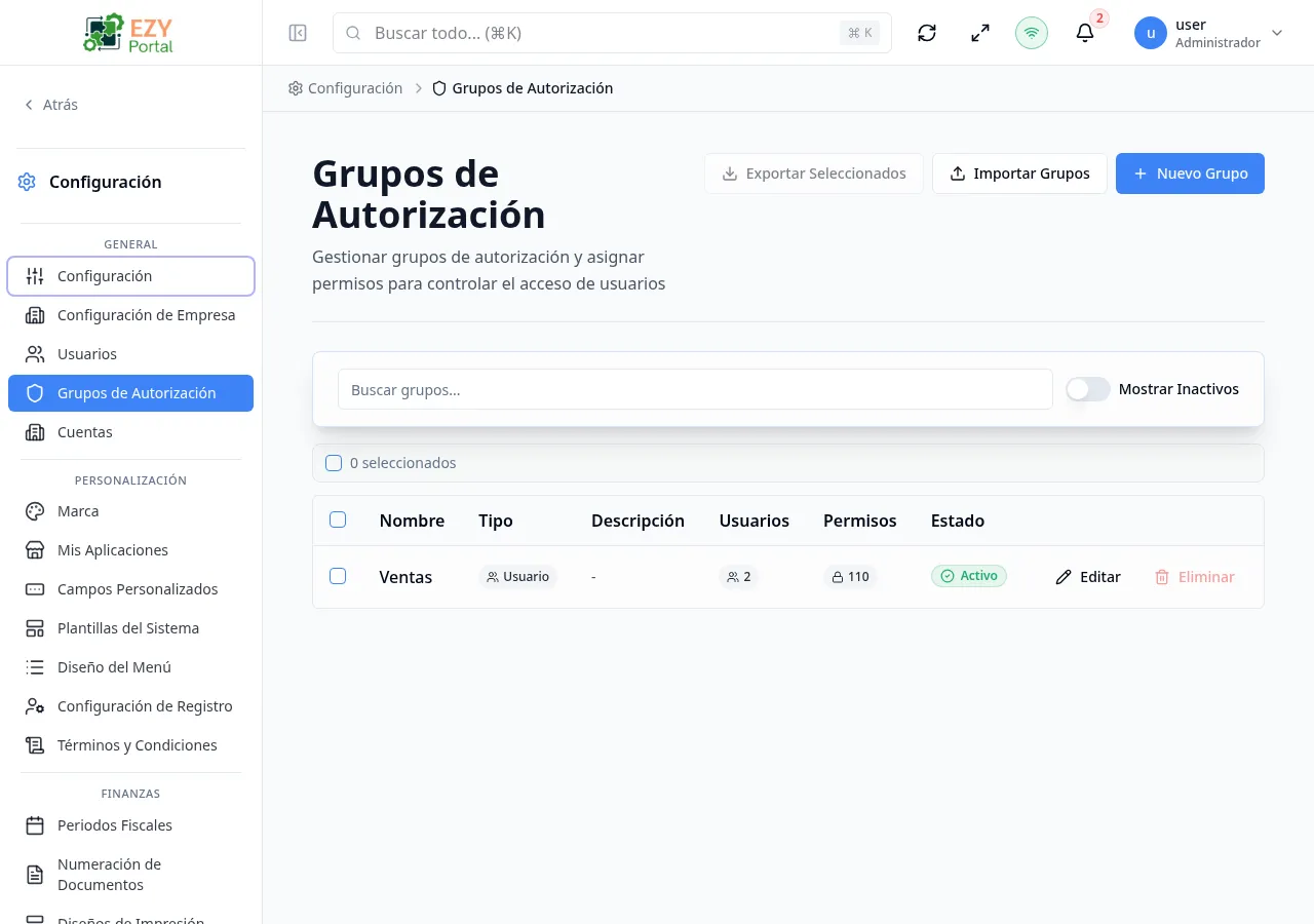 Lista de Grupos de Autorización con filas pobladas que muestran nombre, tipo, descripción, cantidad de permisos, usuarios y estado