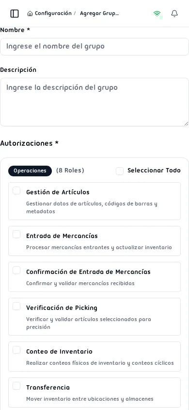 Formulario Agregar Grupo de Autorización con campos Nombre, Descripción y casillas de roles agrupadas por categoría
