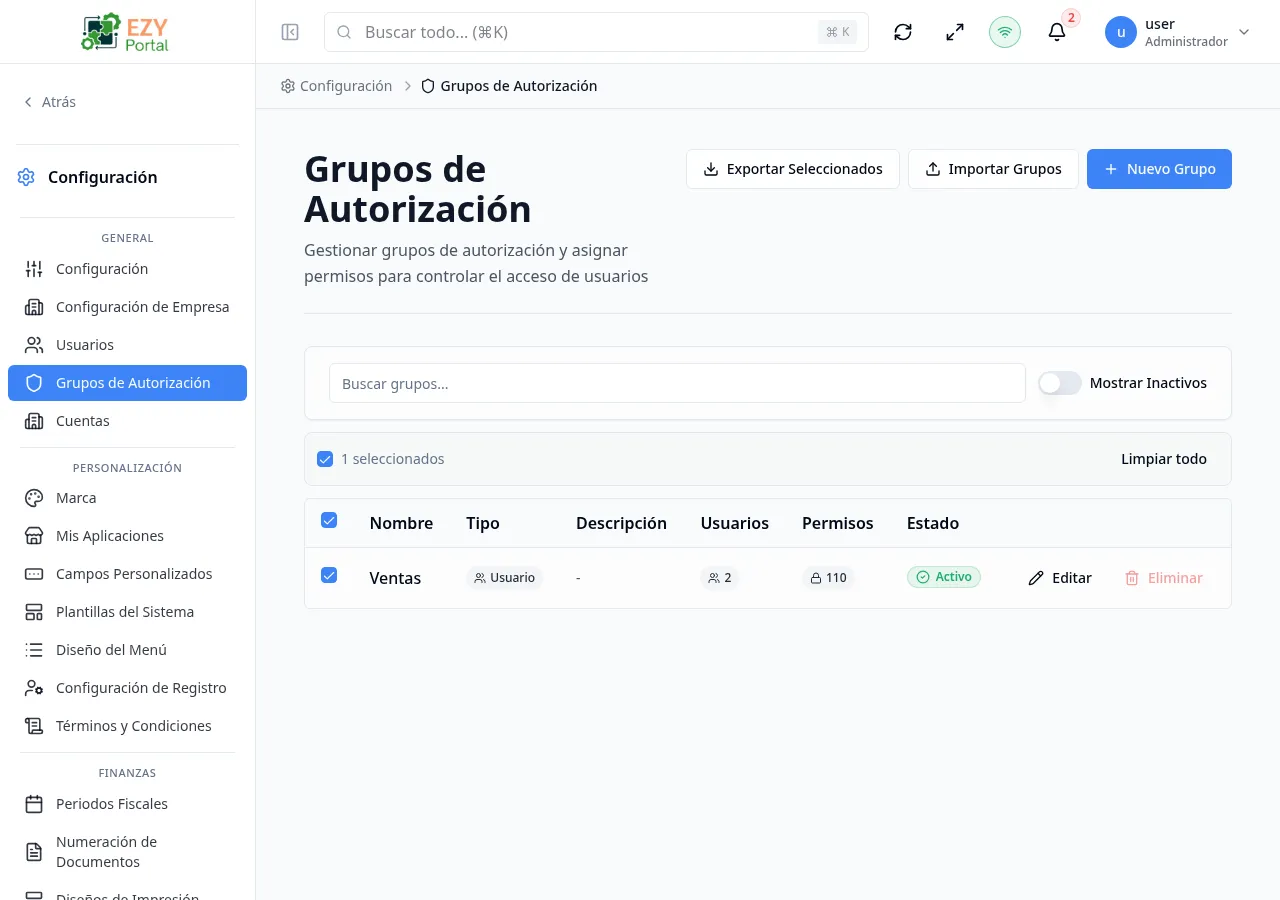 Acciones de fila de Grupos de Autorización con opciones Editar y Eliminar