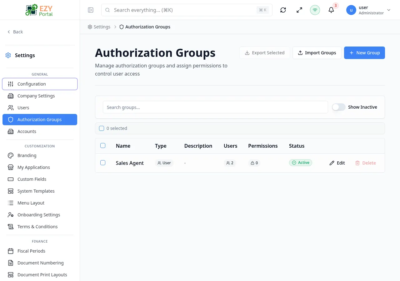 Authorization Groups list with populated rows showing name, type, description, permissions count, users count, and status