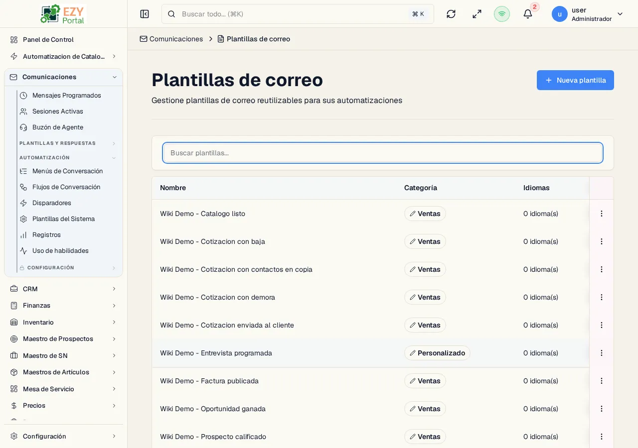 Página de plantillas de automatización