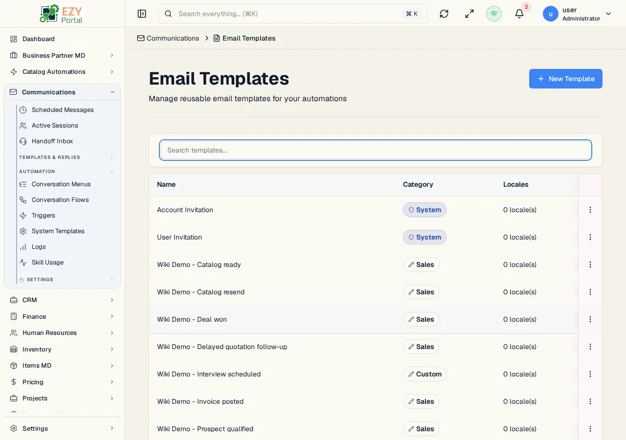 Automation templates page