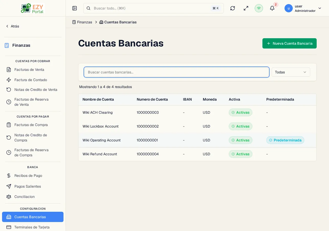 Lista de Cuentas Bancarias con nombres de cuenta, números, moneda, estado activo e indicador de cuenta predeterminada