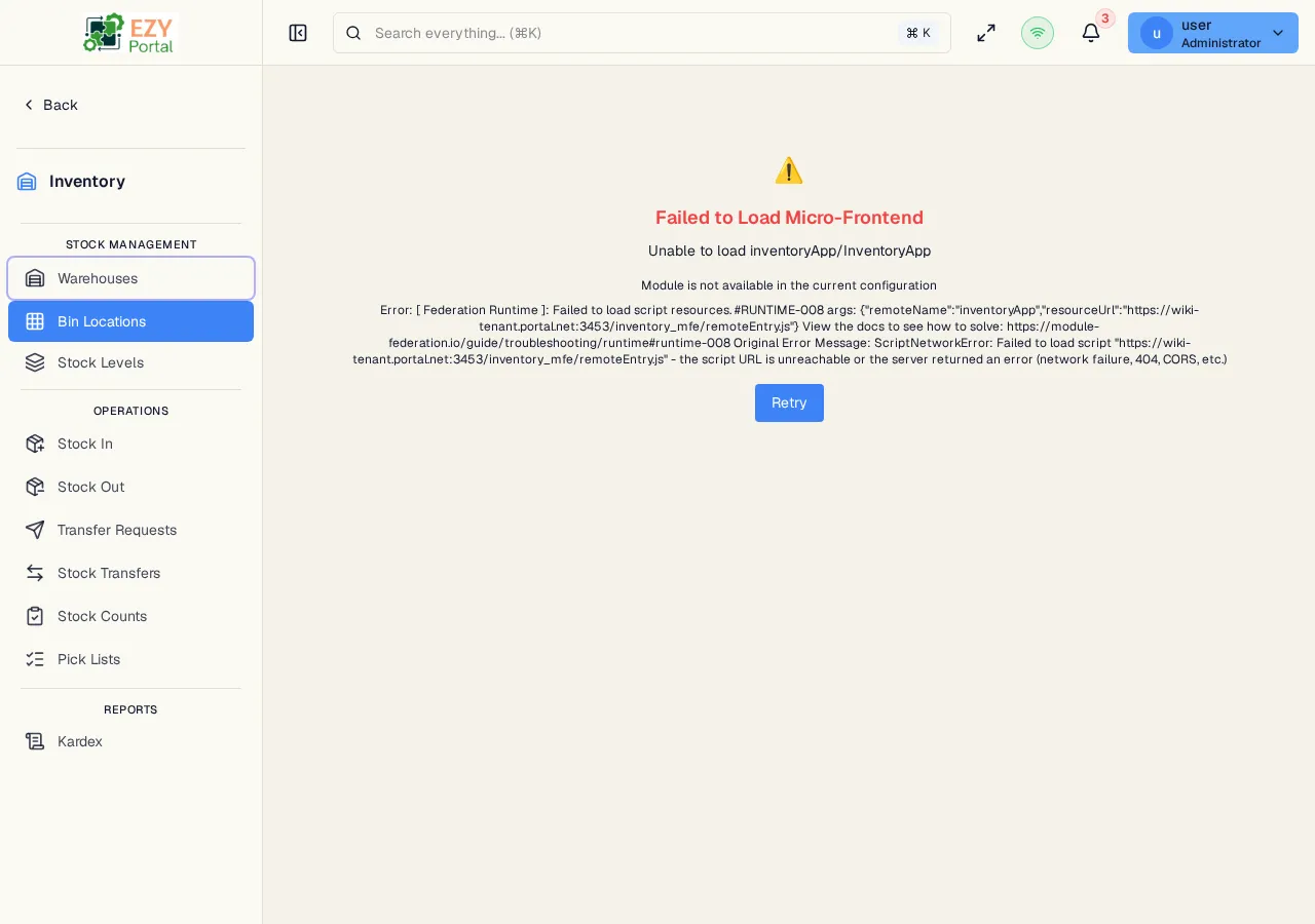 Bin Locations page with a Bin-Managed warehouse selected, showing bins with Code, Name, Type, Zone, Priority, and Status columns