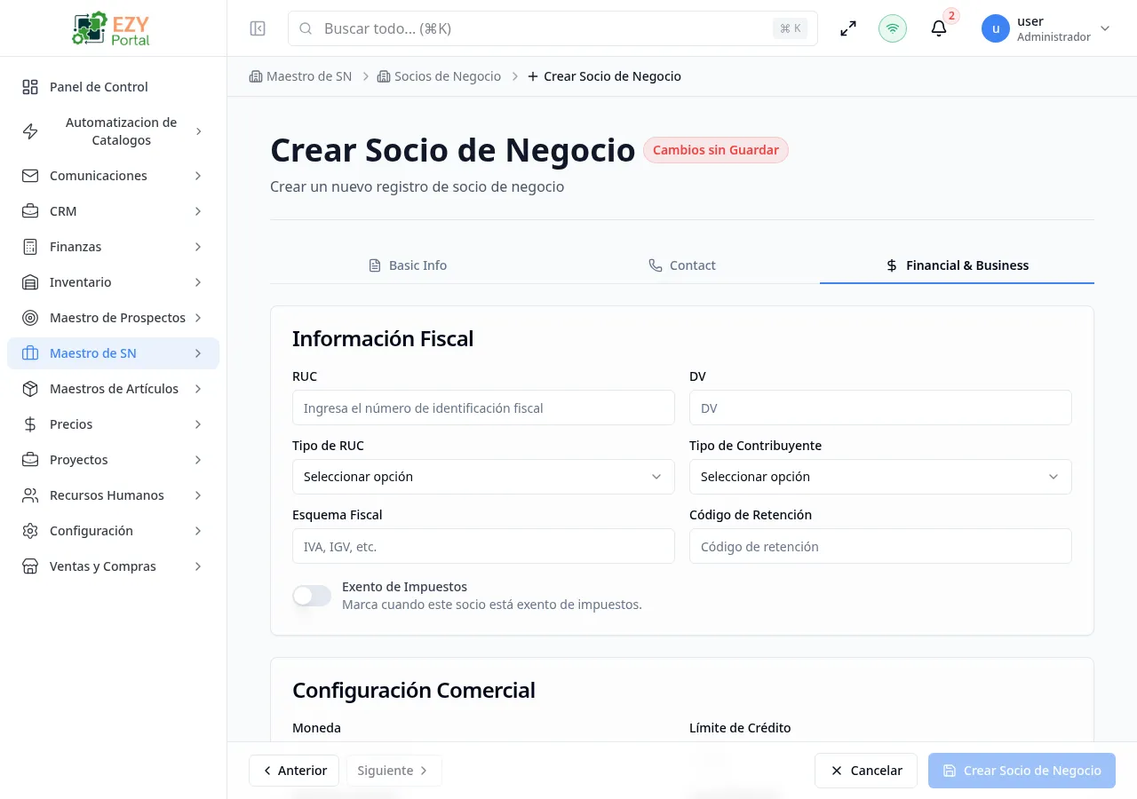 Crear Socio de Negocio — pestaña Financiero y Negocios