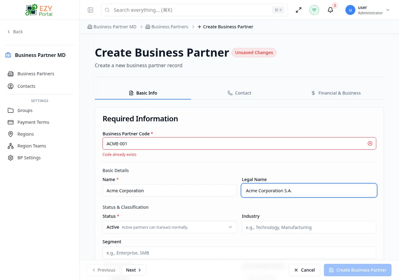 Create Business Partner form — Basic Info tab filled with sample data showing code ACME-001, name Acme Corporation, status Active, and Customer role selected