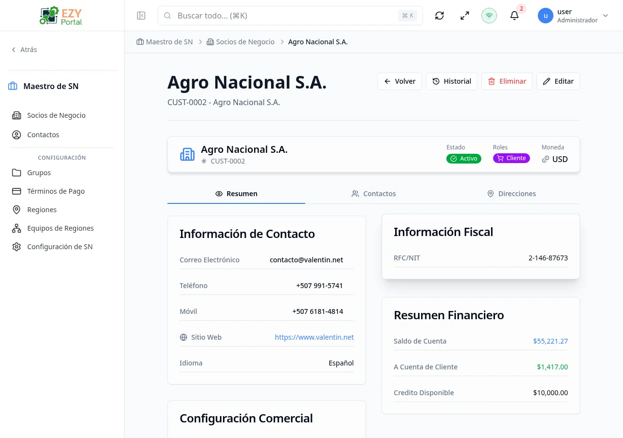 Detalle de Socio de Negocio con datos del socio, insignias de estado y pestañas de navegación visibles